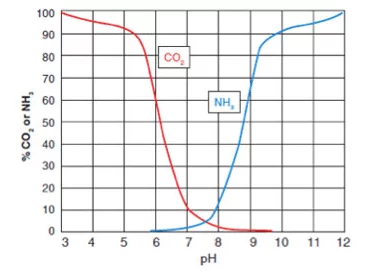 CO 2和pH相關，影響NH 3的毒性